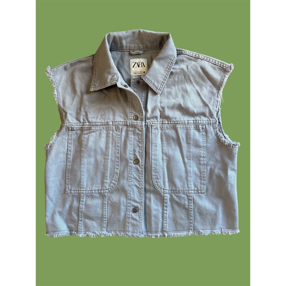 ZARA Women's Grey Denim Vest Size M Sleeveless‎ Frayed Raw Hem